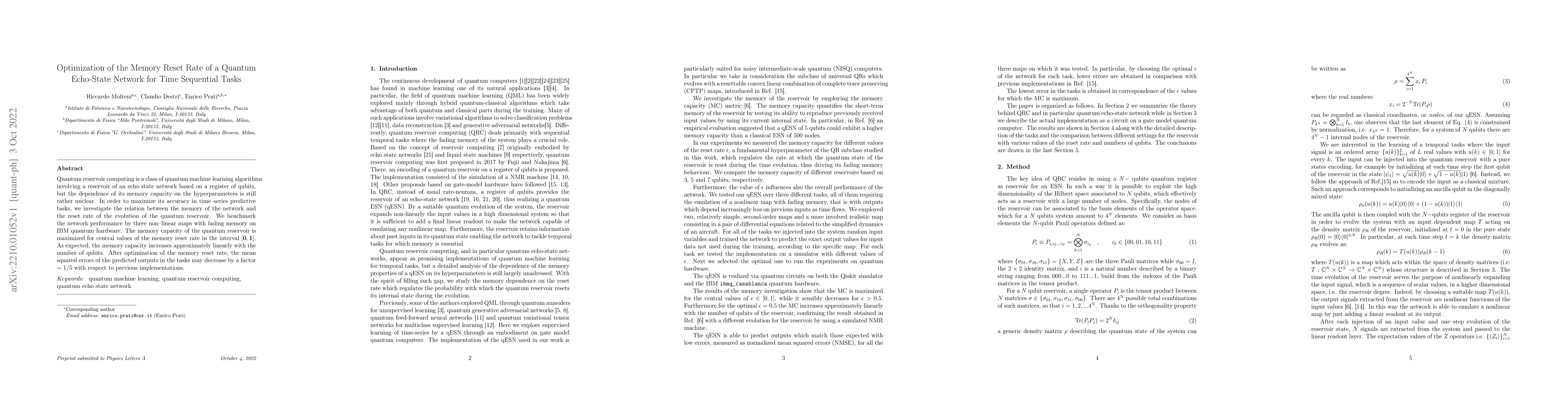 Thumbnail for Optimization of the Memory Reset Rate of a Quantum Echo-State Network
  for Time Sequential Tasks