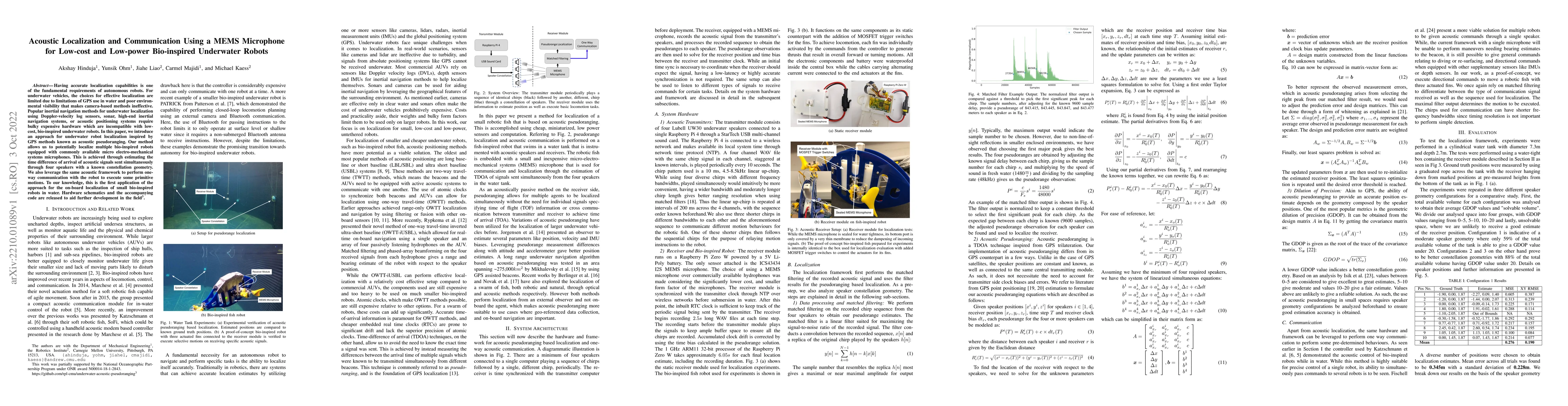 Thumbnail for Acoustic Localization and Communication Using a MEMS Microphone for
  Low-cost and Low-power Bio-inspired Underwater Robots