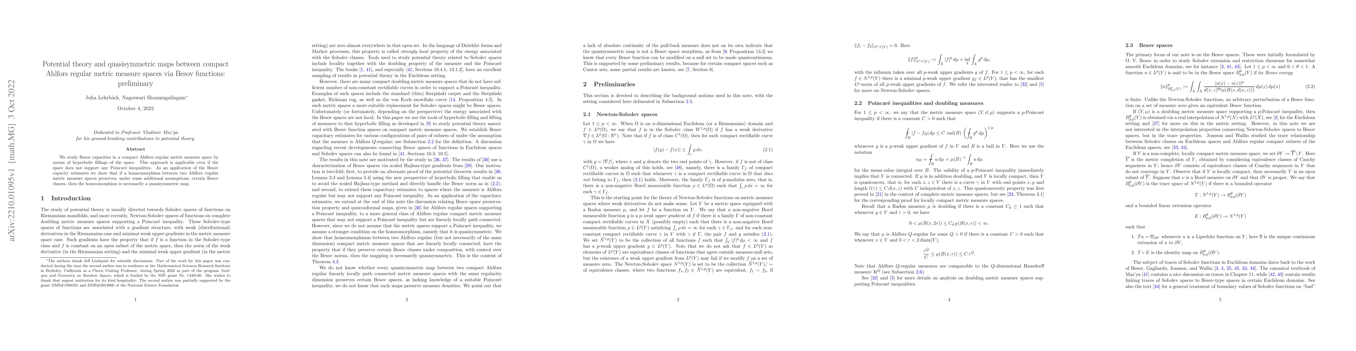 Thumbnail for Potential theory and quasisymmetric maps between compact Ahlfors regular
  metric measure spaces via Besov functions: preliminary