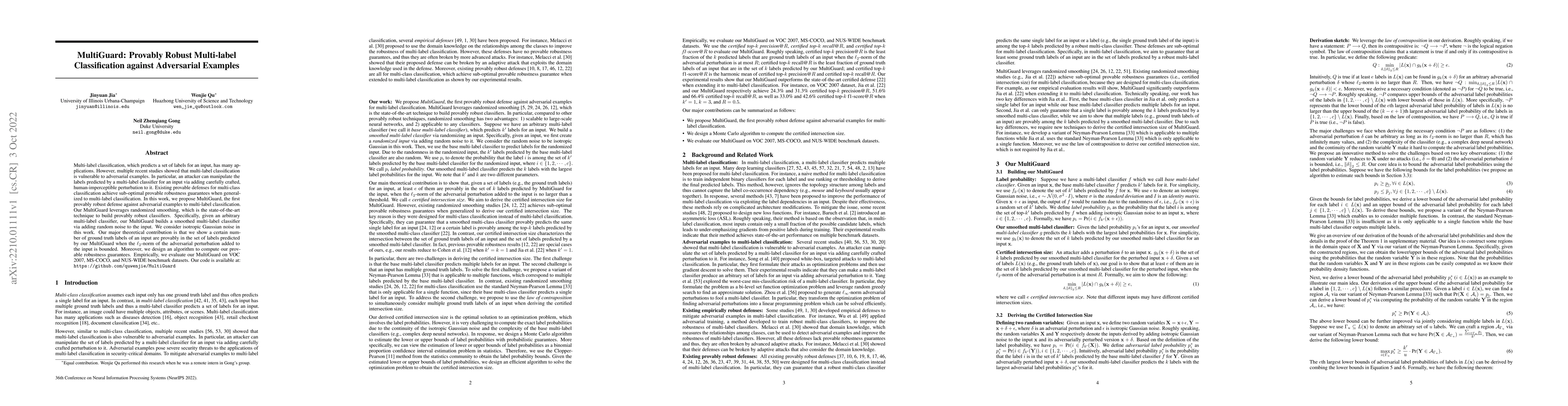 Thumbnail for MultiGuard: Provably Robust Multi-label Classification against
  Adversarial Examples