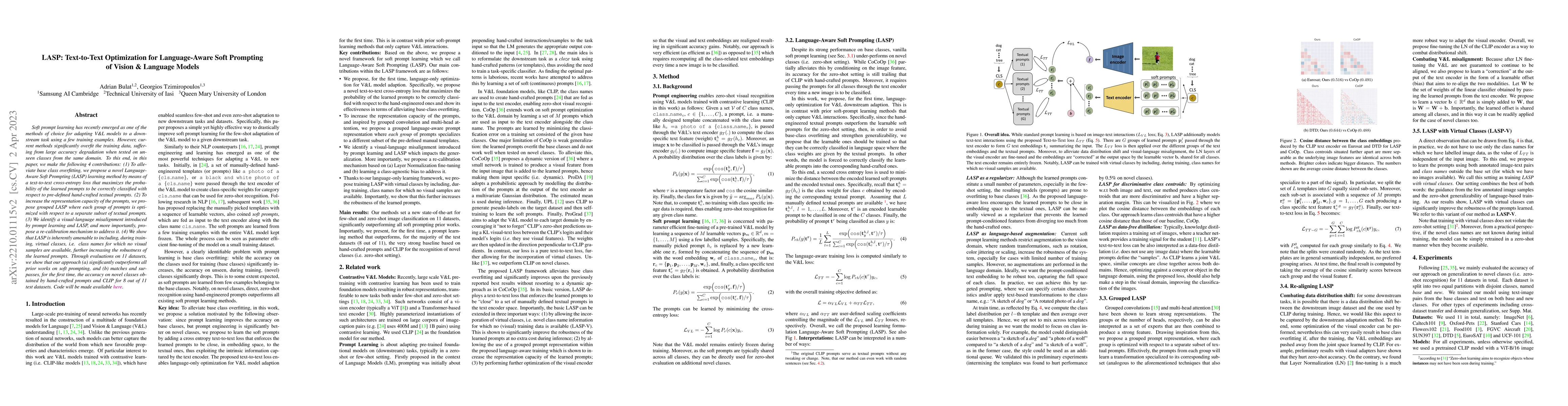 Thumbnail for LASP: Text-to-Text Optimization for Language-Aware Soft Prompting of
  Vision & Language Models