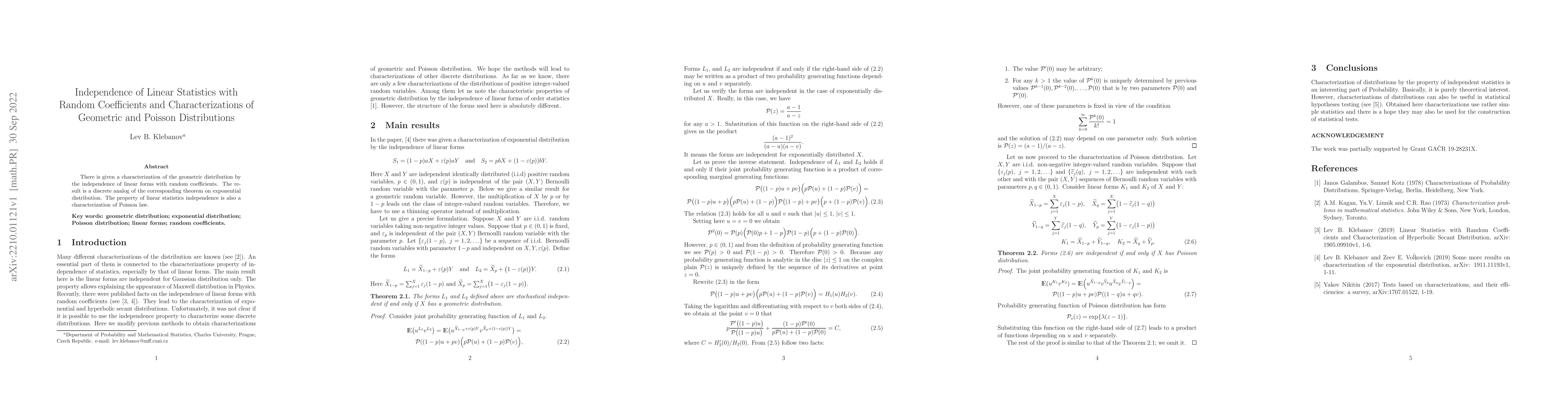 Thumbnail for Independence of Linear Statistics with Random Coefficients and
  Characterizations of Geometric and Poisson Distributions