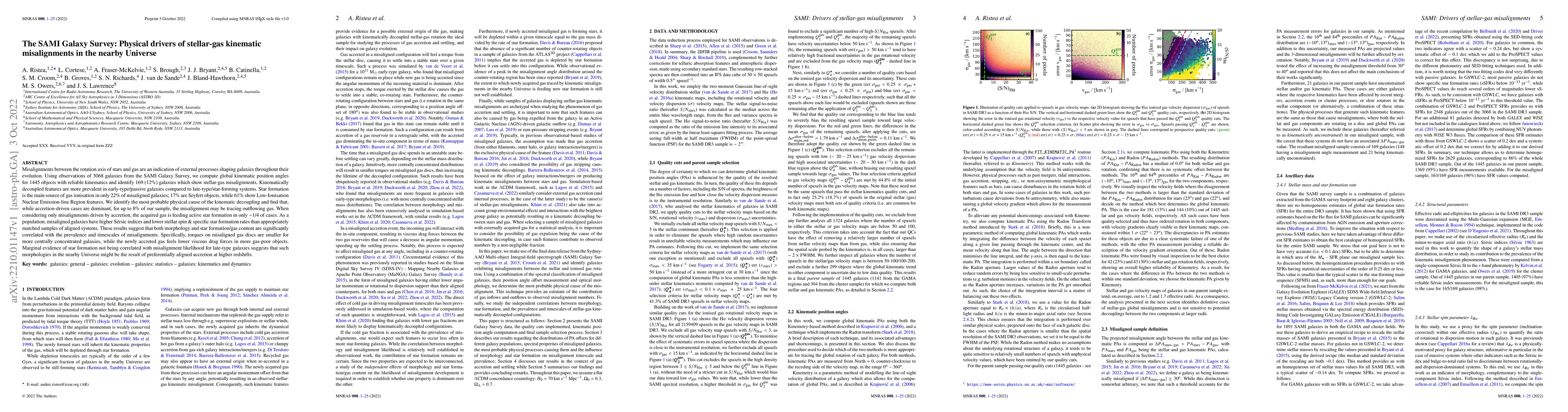 Thumbnail for The SAMI Galaxy Survey: Physical drivers of stellar-gas kinematic
  misalignments in the nearby Universe
