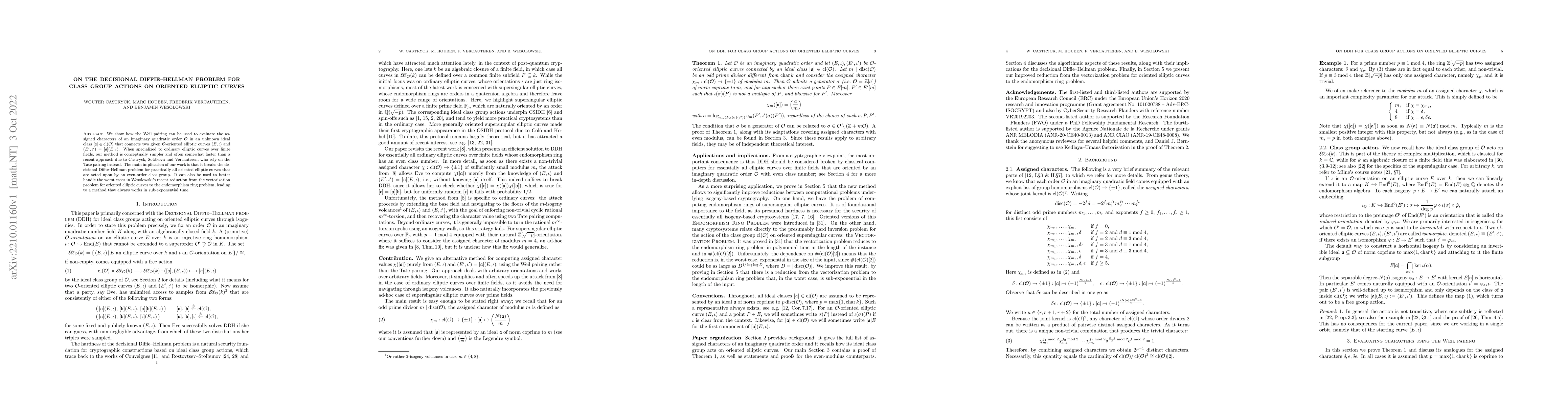 Thumbnail for On the decisional Diffie-Hellman problem for class group actions on
  oriented elliptic curves