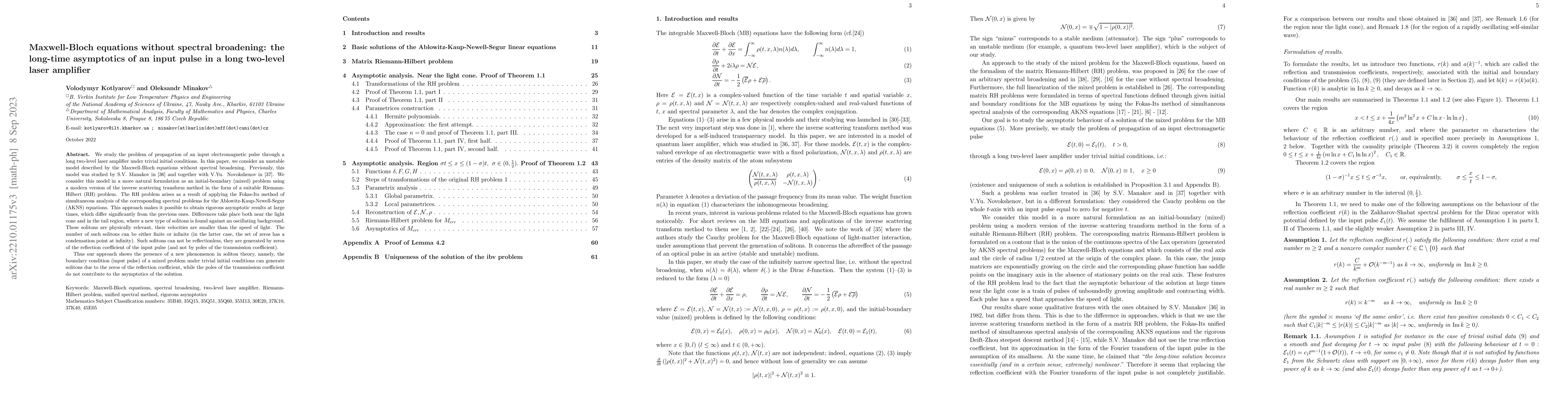 Thumbnail for Maxwell-Bloch equations without spectral broadening: the long-time
  asymptotics of an input pulse in a long two-level laser amplifier