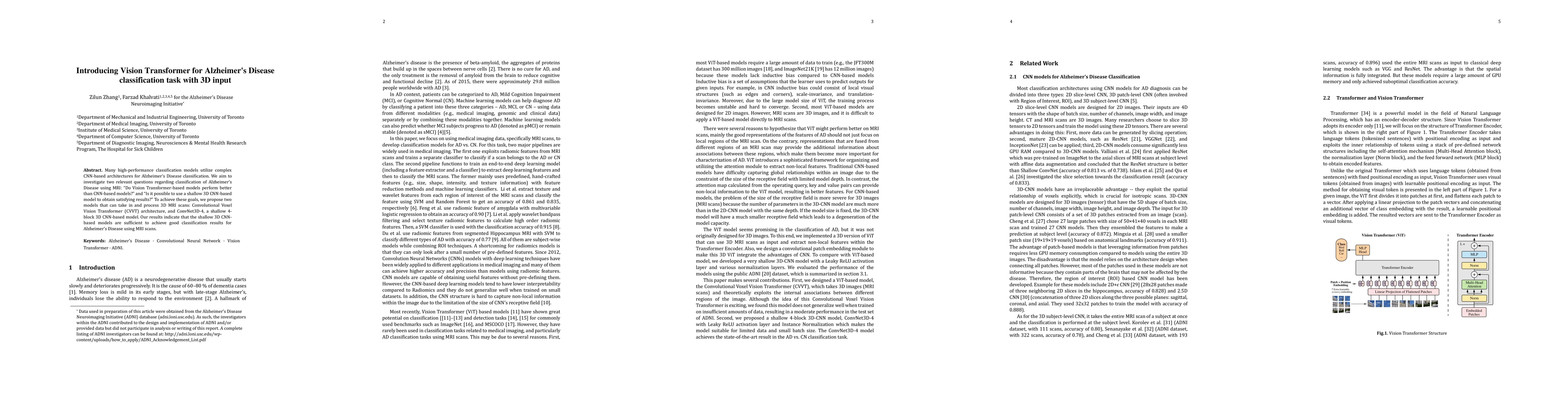 Thumbnail for Introducing Vision Transformer for Alzheimer's Disease classification
  task with 3D input