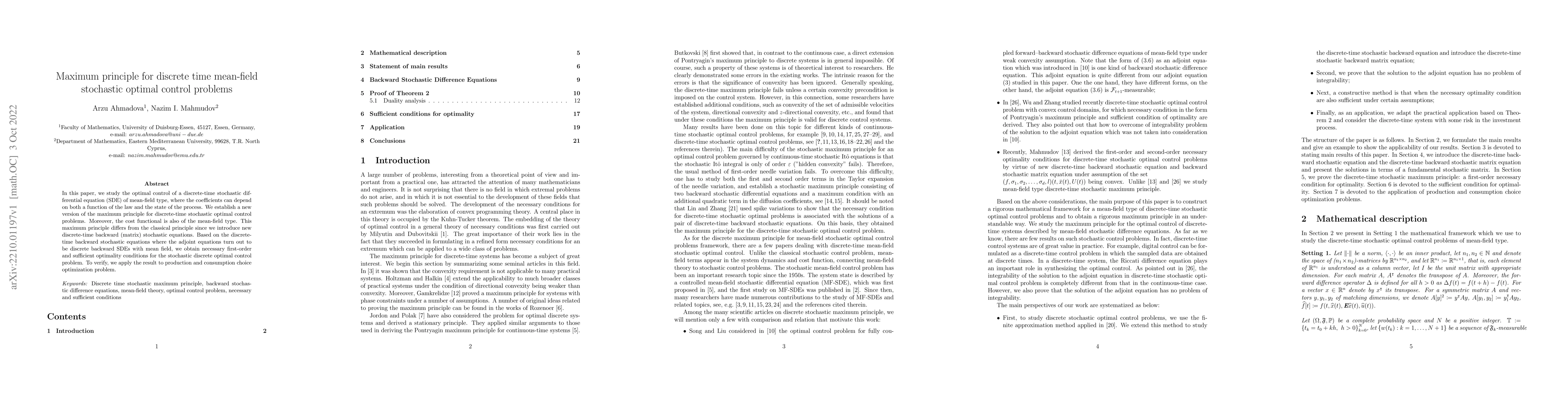 Thumbnail for Maximum principle for discrete time mean-field stochastic optimal
  control problems