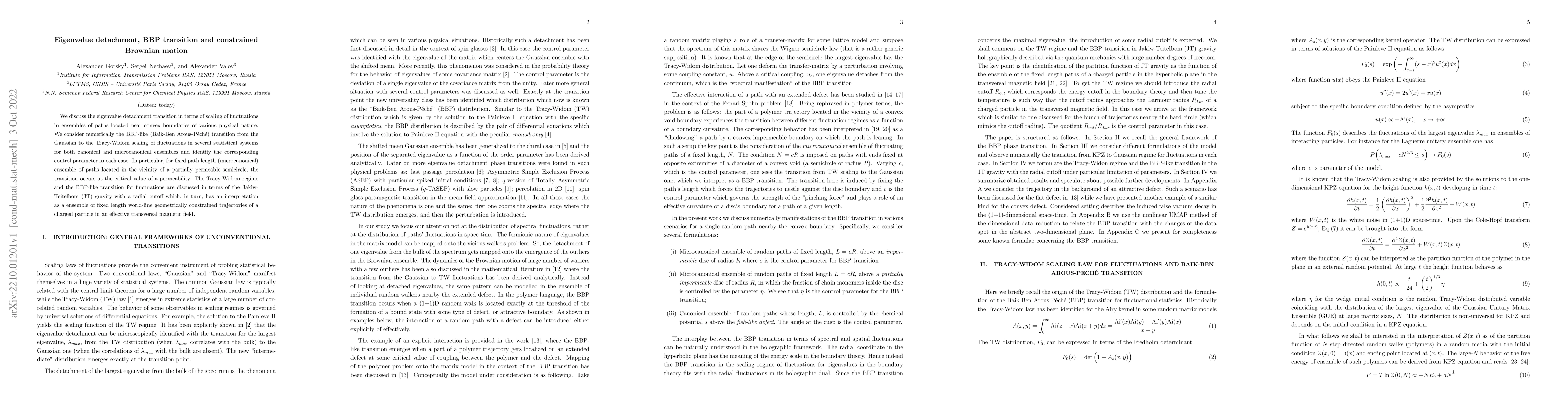 Thumbnail for Eigenvalue detachment, BBP transition and constrained Brownian motion