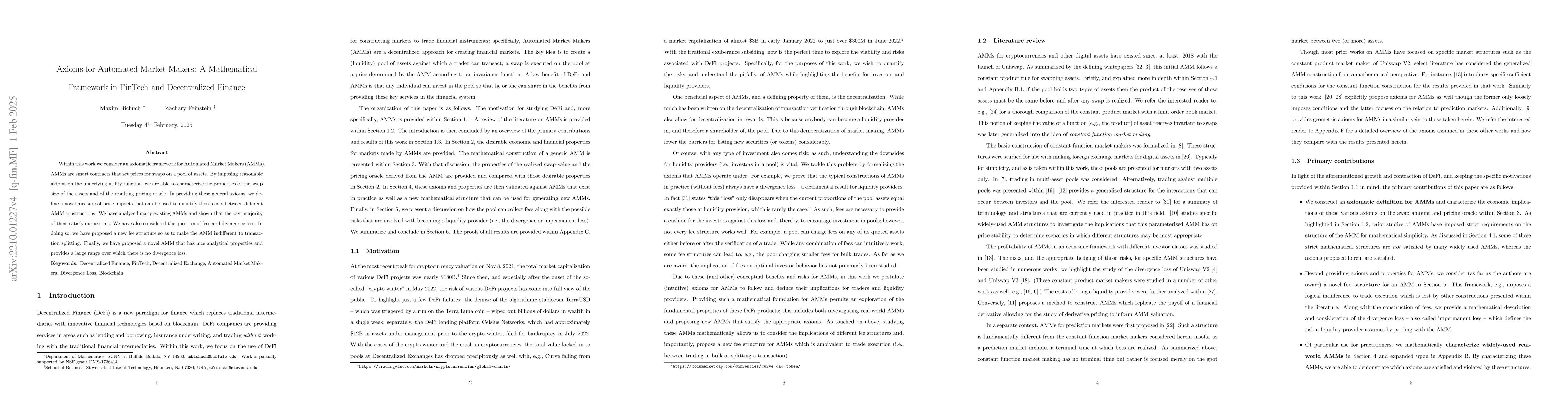Thumbnail for Axioms for Automated Market Makers: A Mathematical Framework in FinTech
  and Decentralized Finance