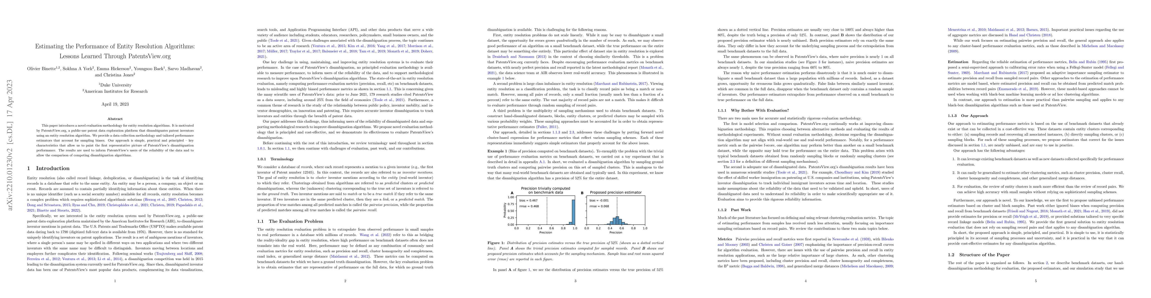 Thumbnail for Estimating the Performance of Entity Resolution Algorithms: Lessons
  Learned Through PatentsView.org