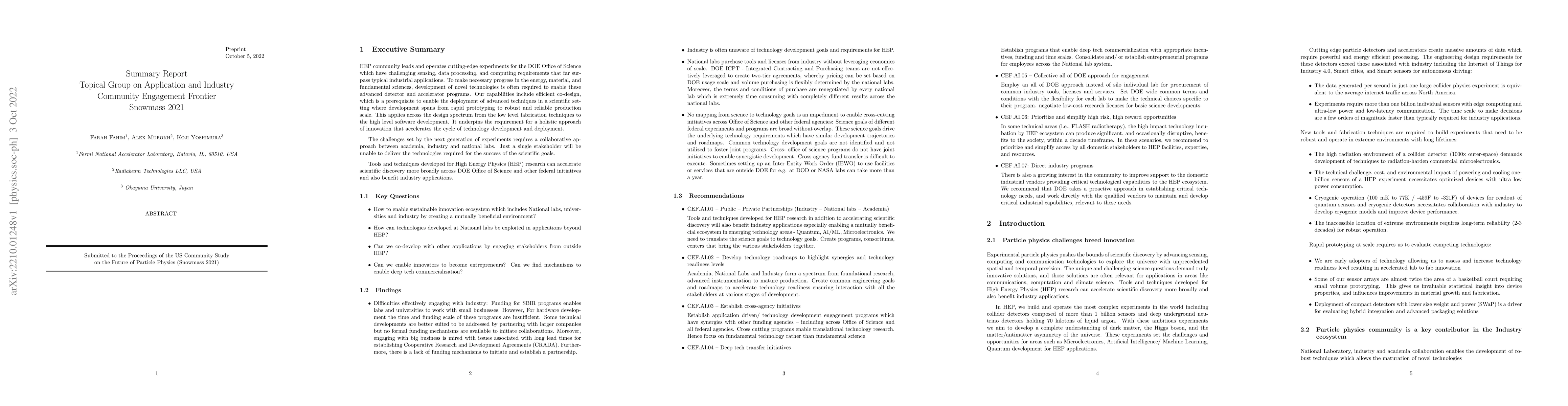 Thumbnail for Summary Report Topical Group on Application and Industry Community
  Engagement Frontier Snowmass 2021