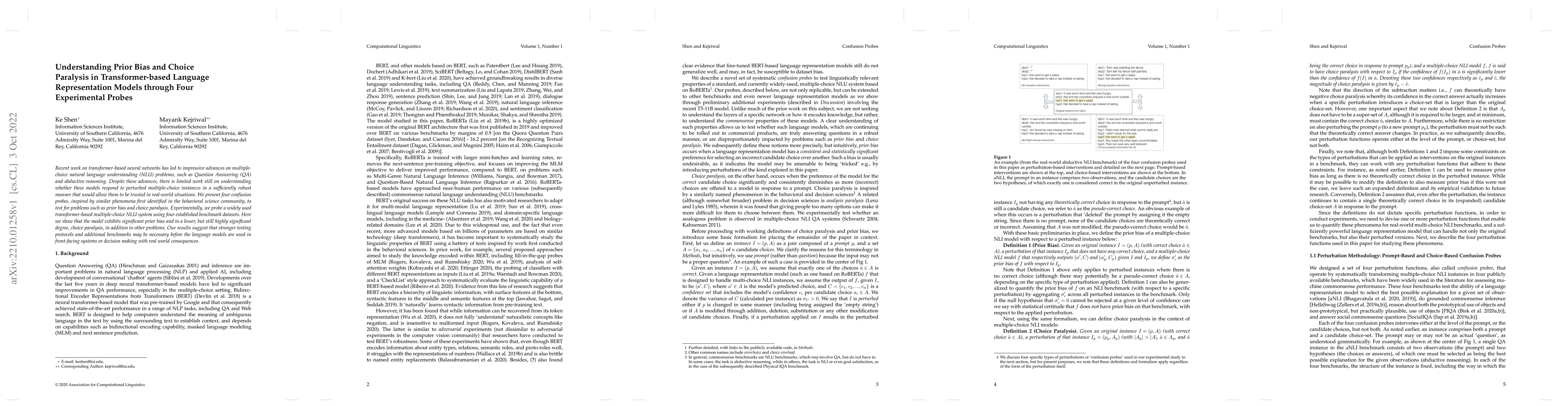 Thumbnail for Understanding Prior Bias and Choice Paralysis in Transformer-based
  Language Representation Models through Four Experimental Probes