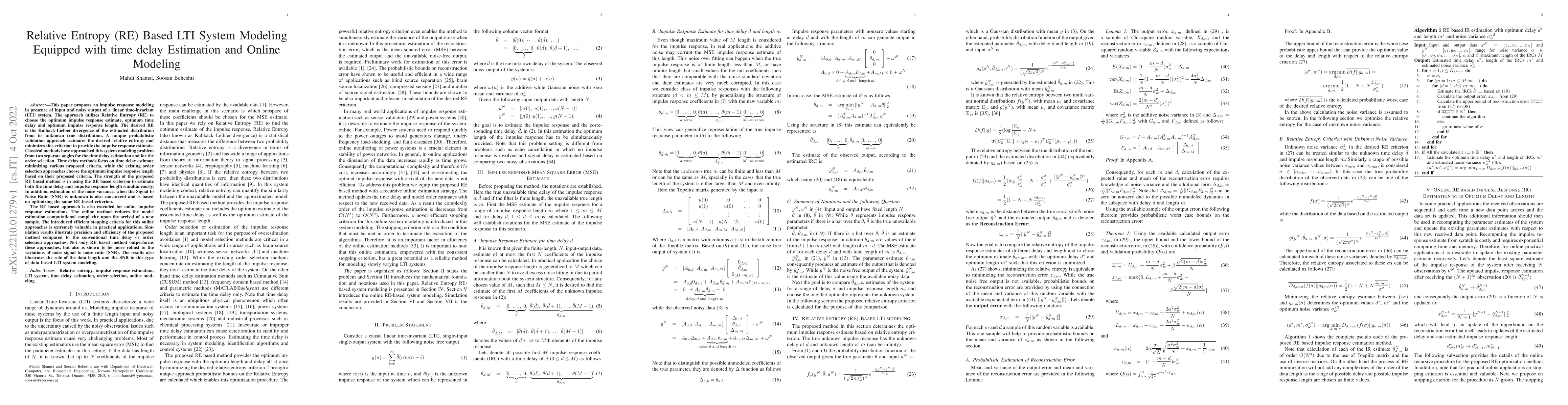 Thumbnail for Relative Entropy (RE) Based LTI System Modeling Equipped with time delay
  Estimation and Online Modeling
