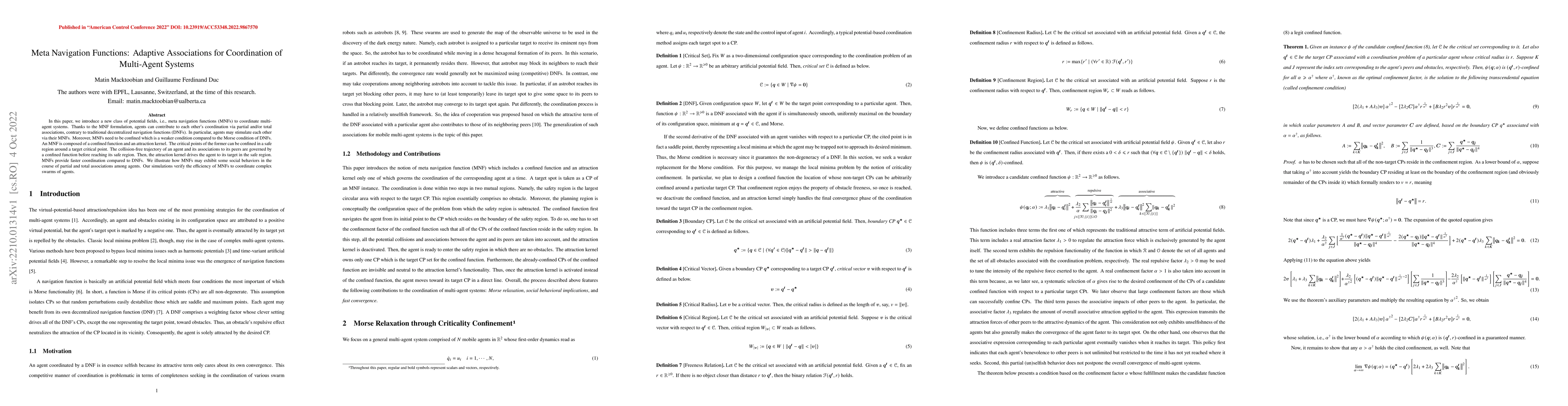 Thumbnail for Meta Navigation Functions: Adaptive Associations for Coordination of
  Multi-Agent Systems