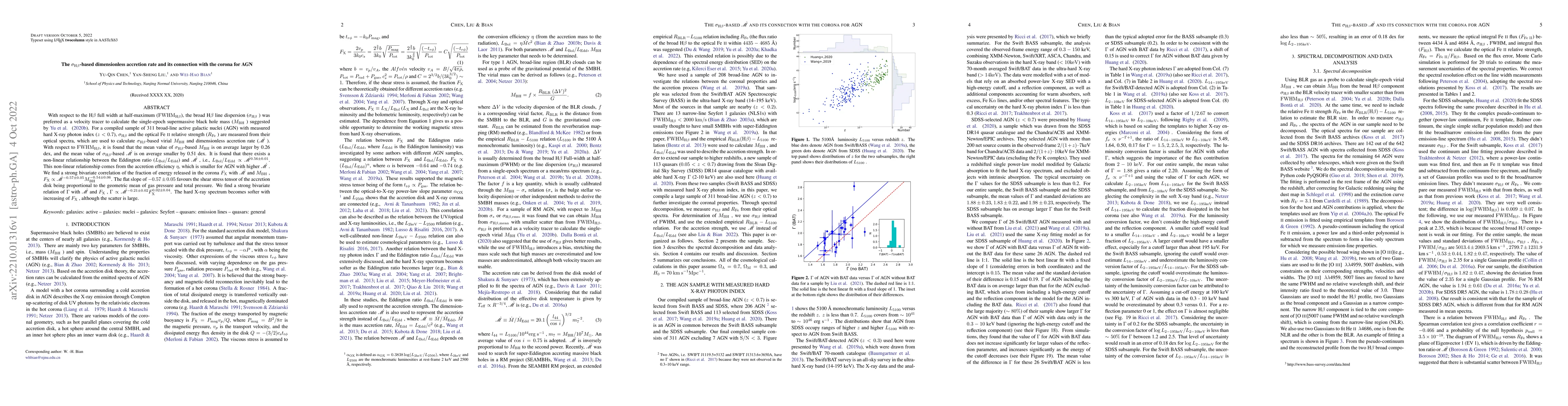 Thumbnail for The $\sigma_{\rm H\beta}$-based dimensionless accretion rate and its
  connection with the corona for AGN