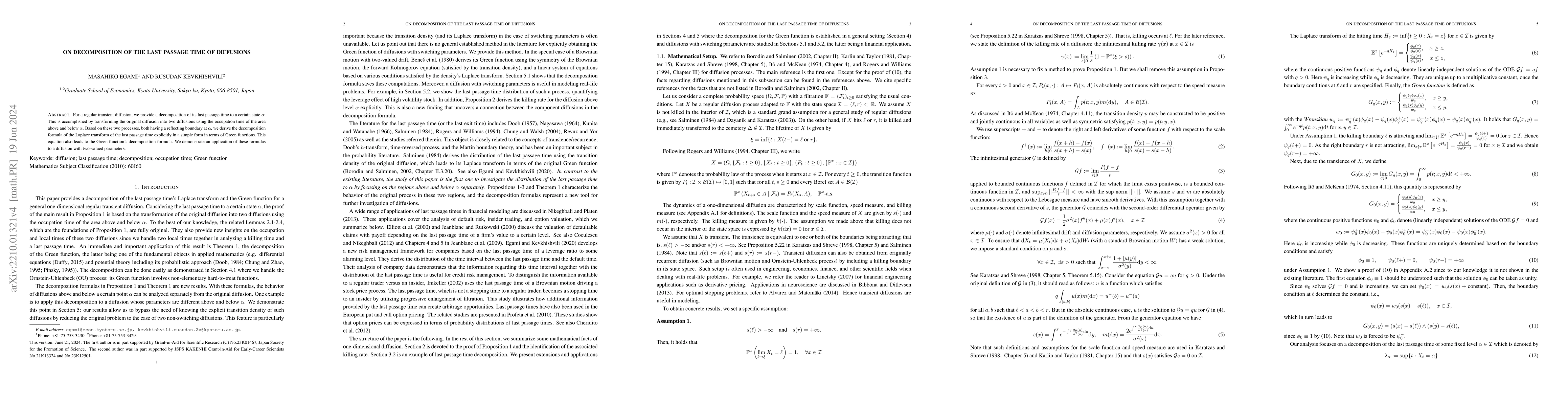Thumbnail for On Decomposition of the Last Passage Time of Diffusions