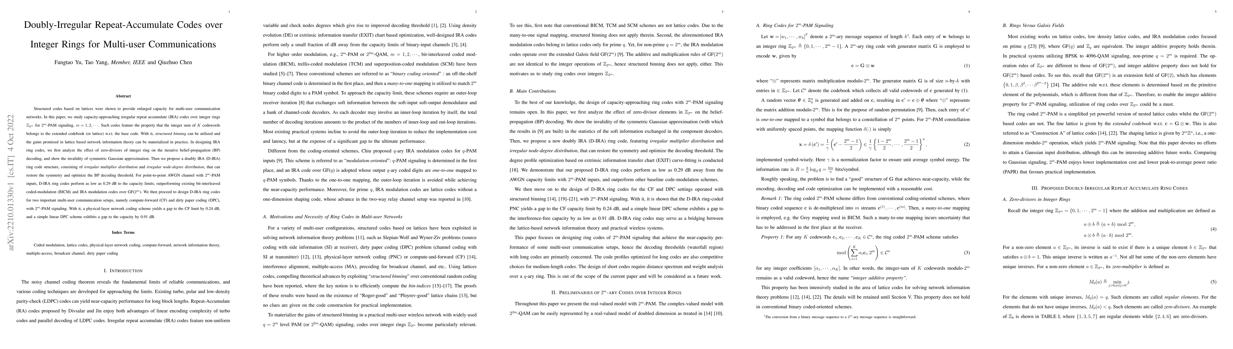 Thumbnail for Doubly-Irregular Repeat-Accumulate Codes over Integer Rings for
  Multi-user Communications
