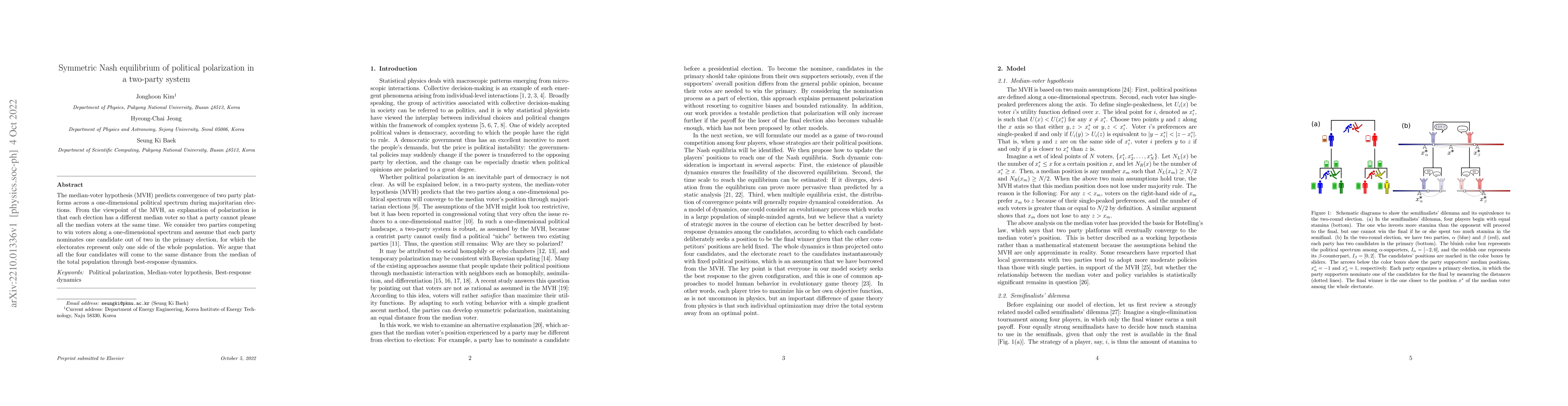 Thumbnail for Symmetric Nash equilibrium of political polarization in a two-party
  system
