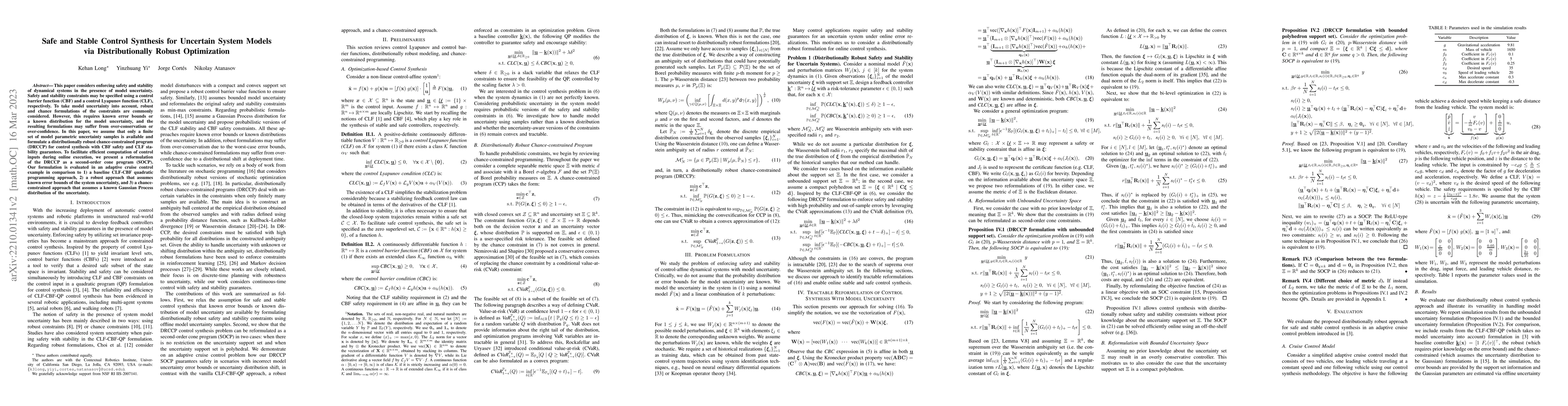 Thumbnail for Safe and Stable Control Synthesis for Uncertain System Models via
  Distributionally Robust Optimization