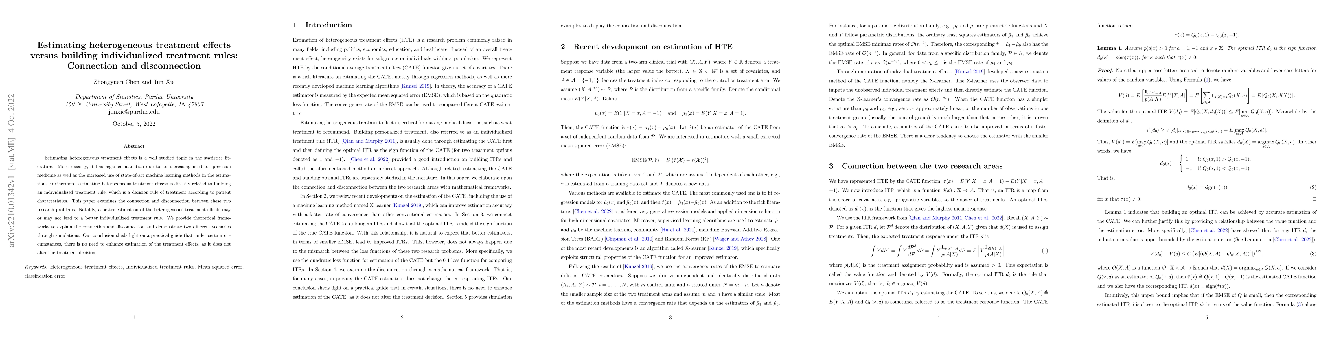 Thumbnail for Estimating heterogeneous treatment effects versus building
  individualized treatment rules: Connection and disconnection