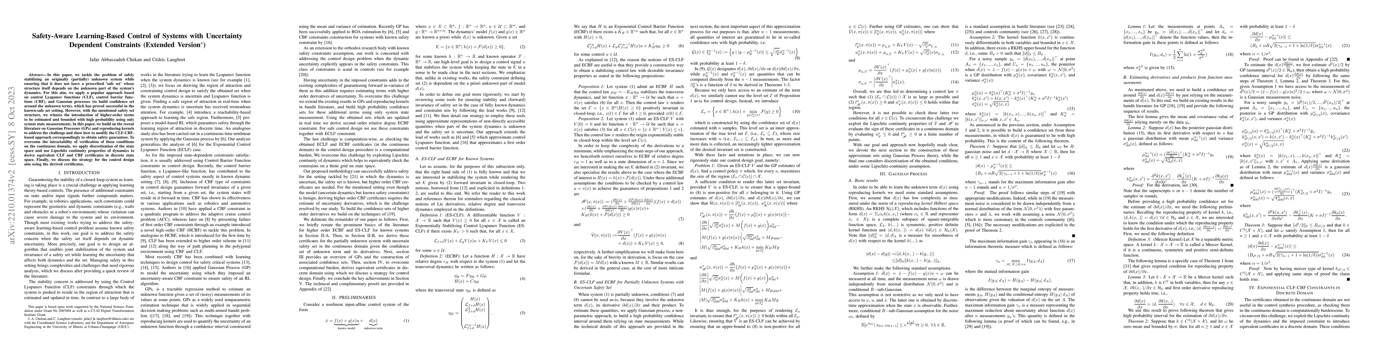 Thumbnail for Safety-Aware Learning-Based Control of Systems with Uncertainty
  Dependent Constraints (extended version)
