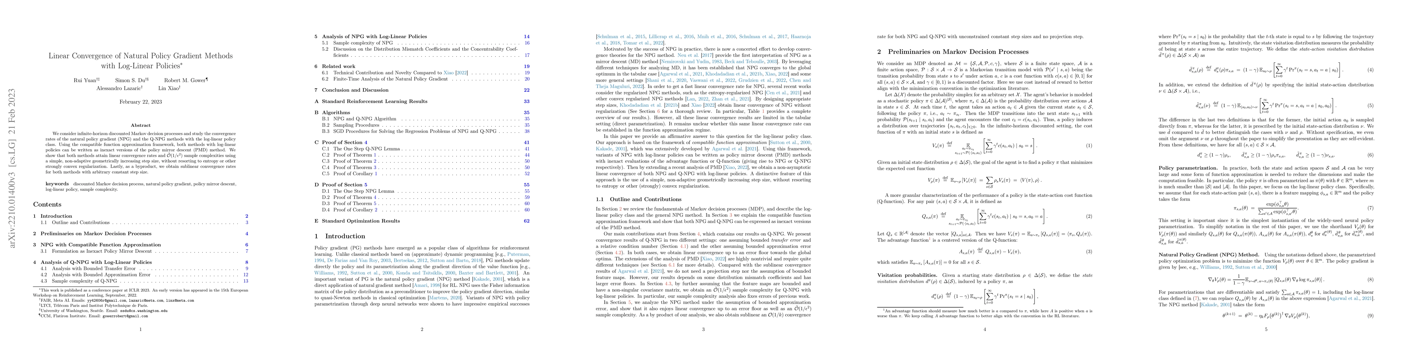 Thumbnail for Linear Convergence of Natural Policy Gradient Methods with Log-Linear
  Policies