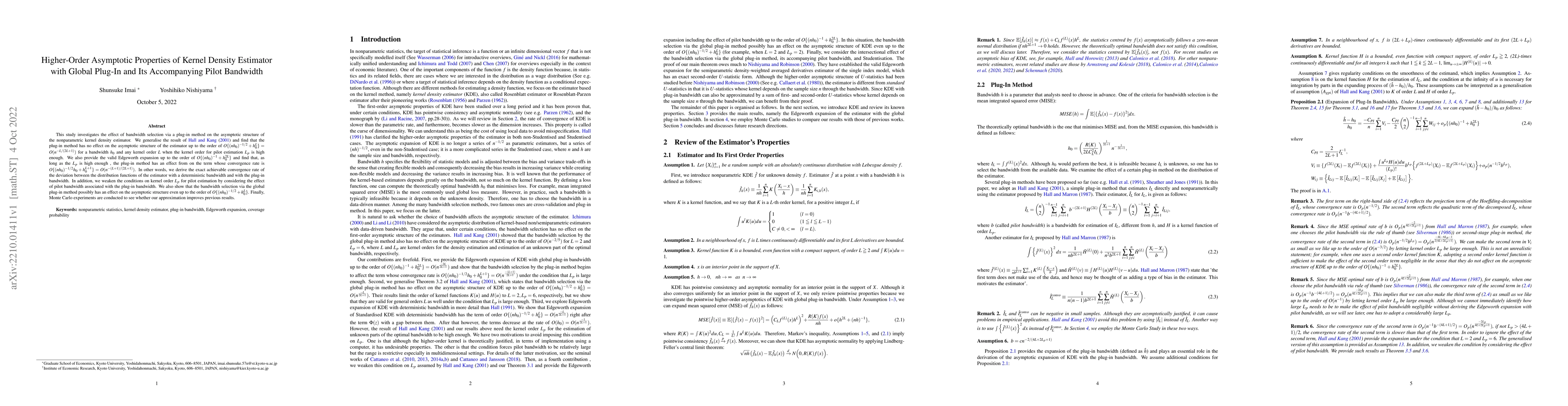 Thumbnail for Higher-Order Asymptotic Properties of Kernel Density Estimator with
  Global Plug-In and Its Accompanying Pilot Bandwidth
