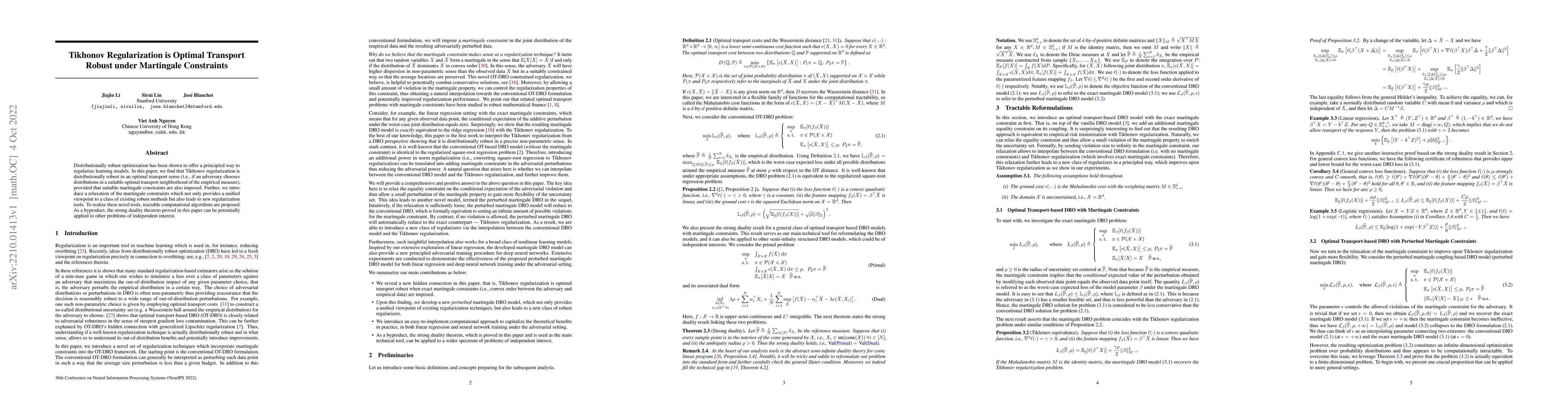 Thumbnail for Tikhonov Regularization is Optimal Transport Robust under Martingale
  Constraints