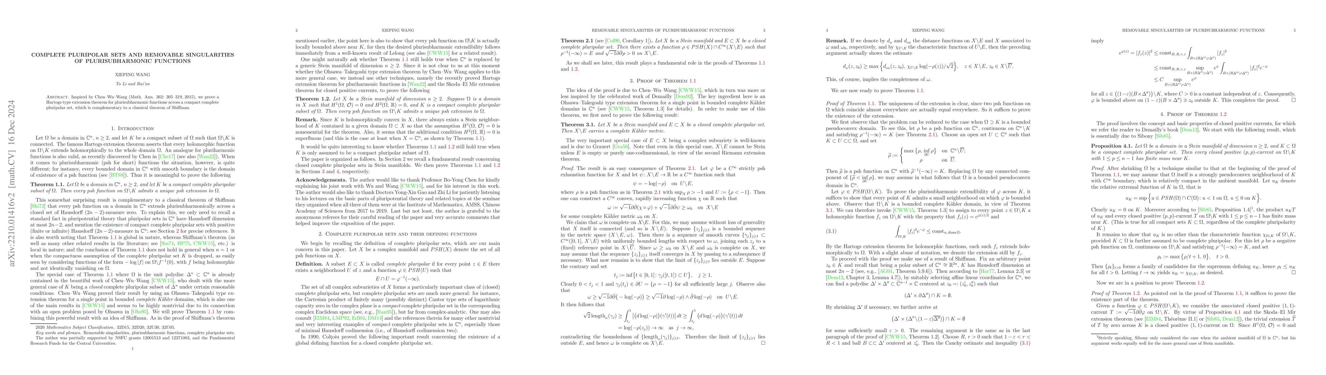 Thumbnail for Complete pluripolar sets and removable singularities of plurisubharmonic
  functions
