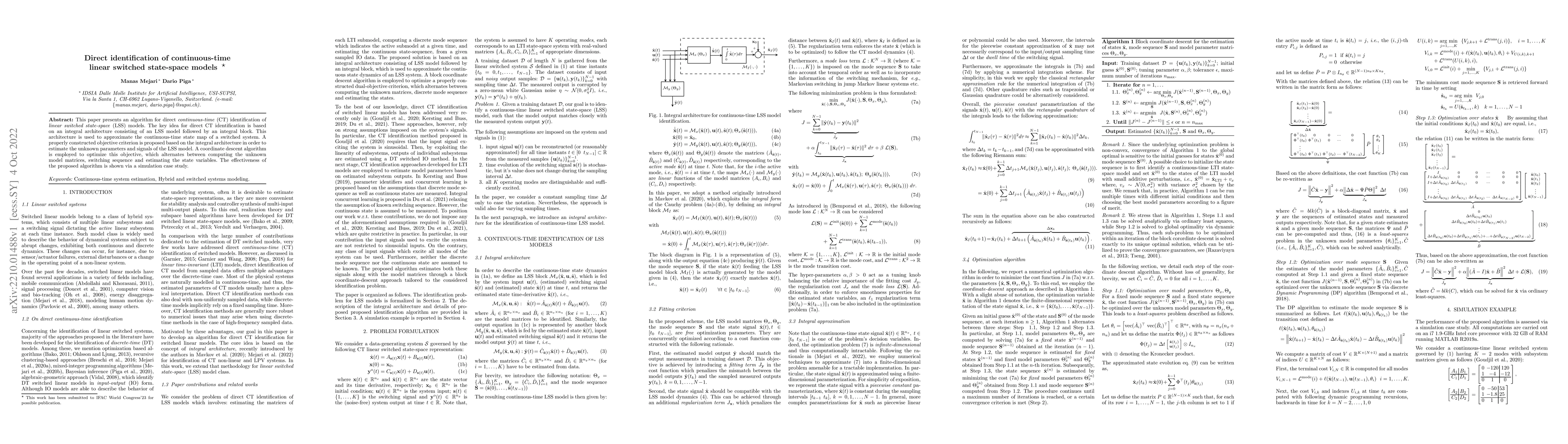 Thumbnail for Direct identification of continuous-time linear switched state-space
  models