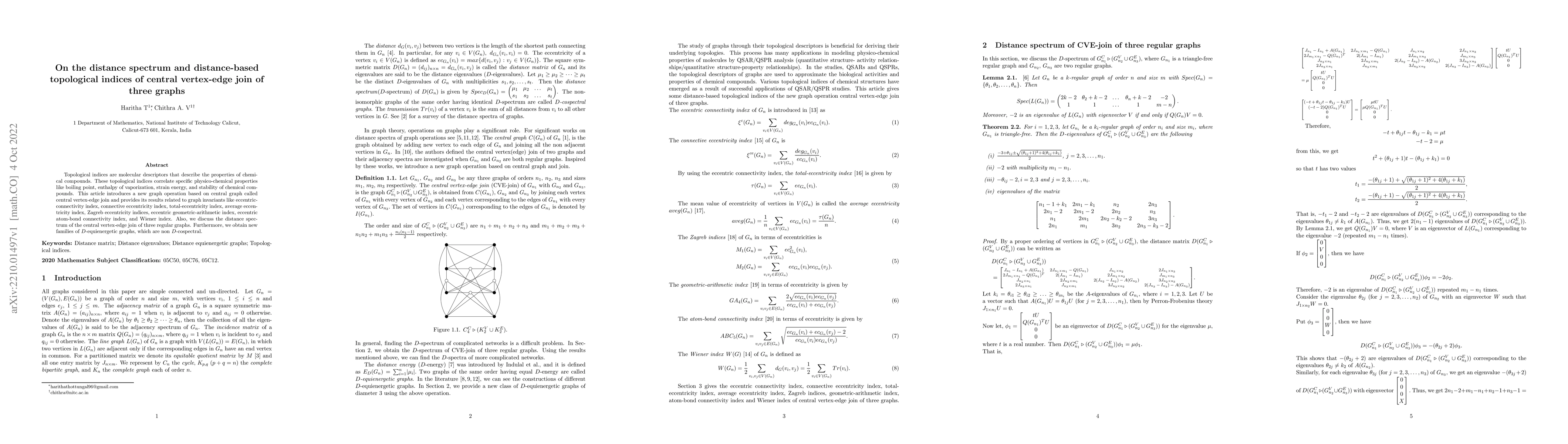 Thumbnail for On the distance spectrum and distance-based topological indices of
  central vertex-edge join of three graphs