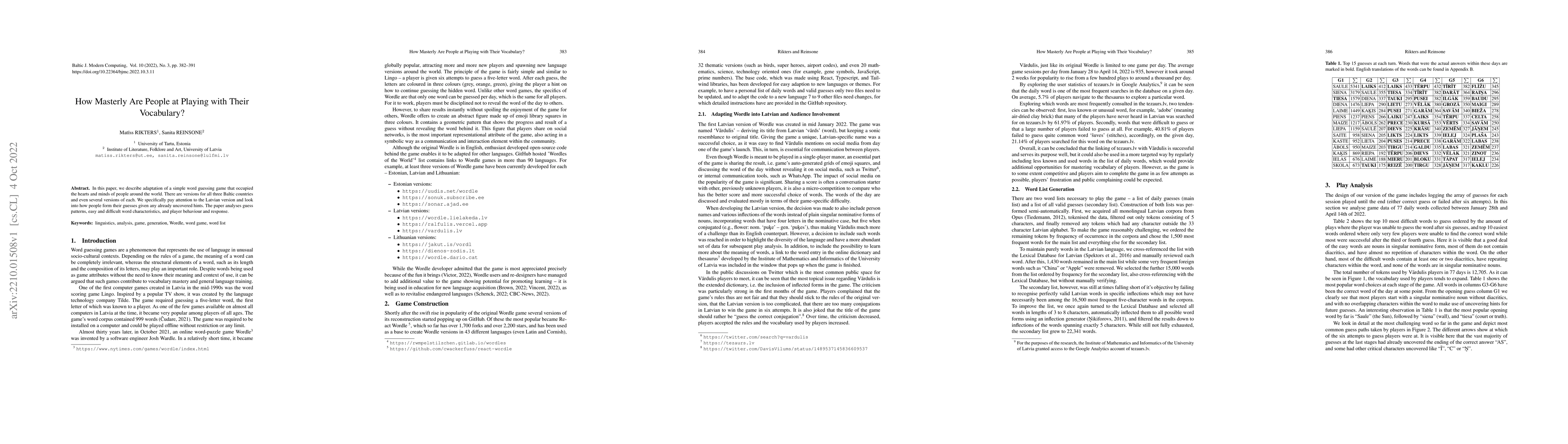 Thumbnail for How Masterly Are People at Playing with Their Vocabulary? Analysis of
  the Wordle Game for Latvian