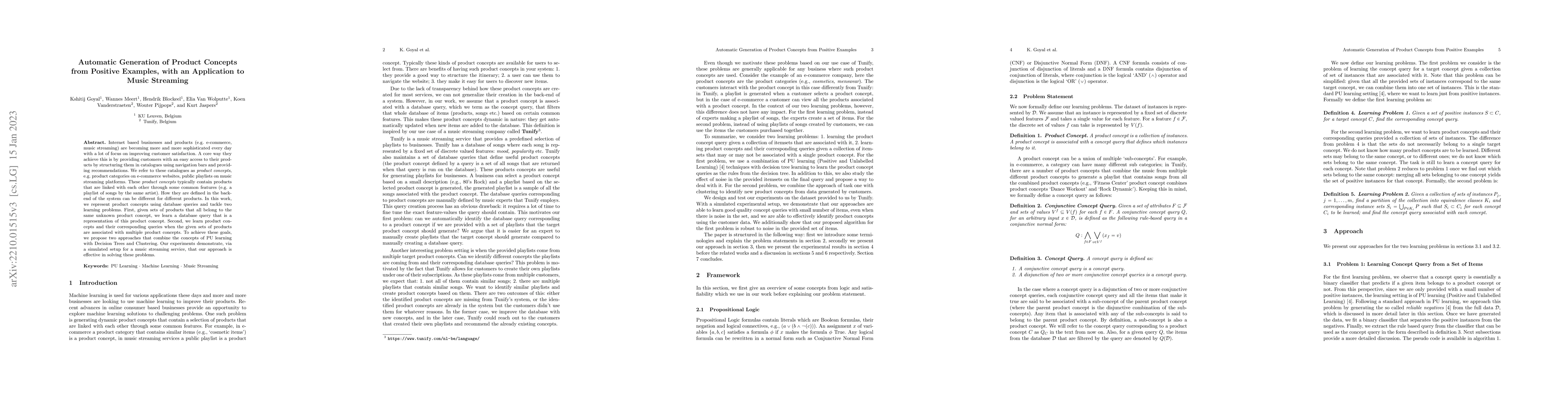Thumbnail for Automatic Generation of Product Concepts from Positive Examples, with an
  Application to Music Streaming