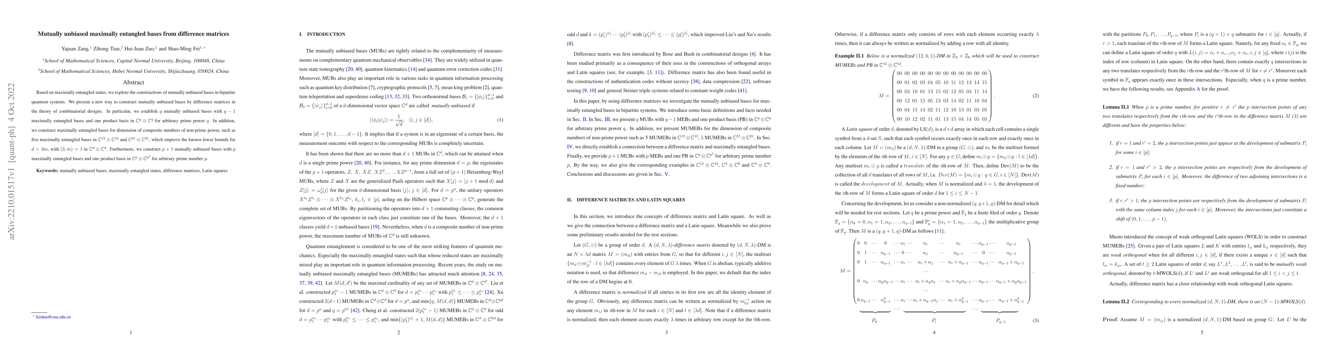 Thumbnail for Mutually unbiased maximally entangled bases from difference matrices