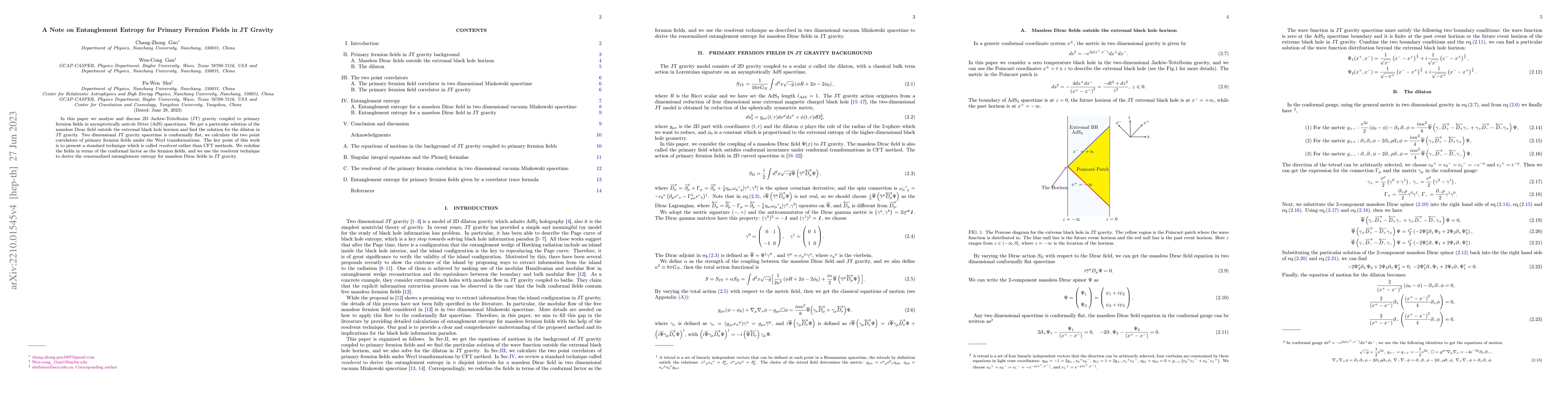 Thumbnail for A Note on Entanglement Entropy for Primary Fermion Fields in JT Gravity