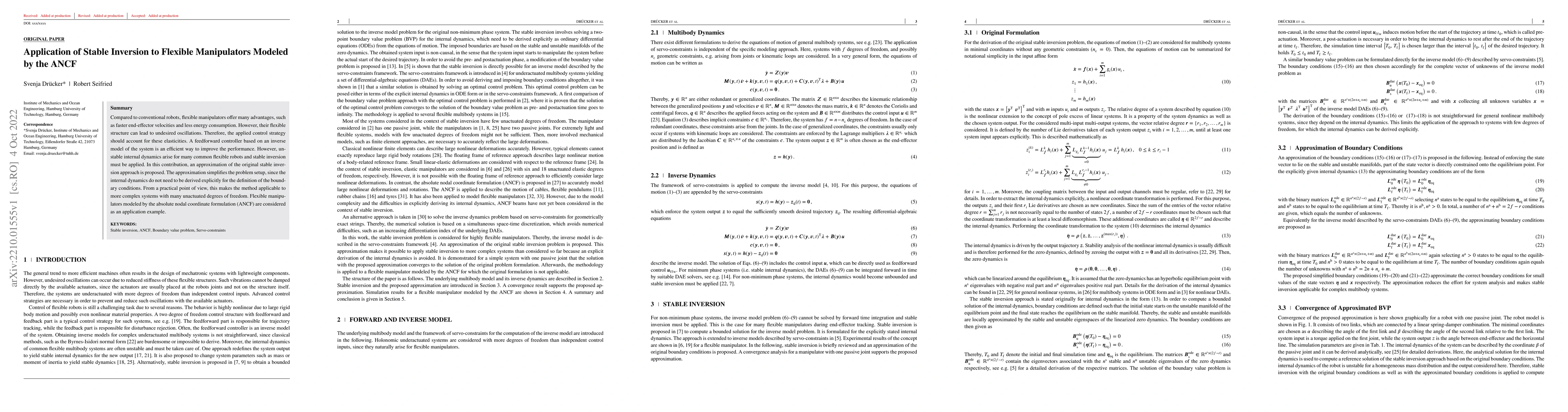 Thumbnail for Application of Stable Inversion to Flexible Manipulators Modeled by the
  ANCF