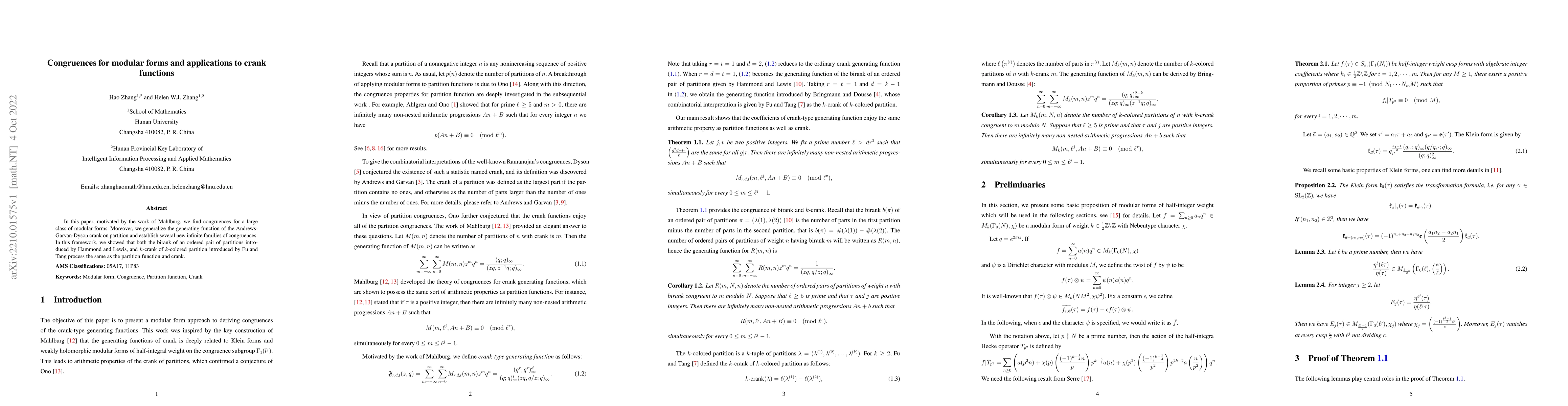 Thumbnail for Congruences for modular forms and applications to crank functions