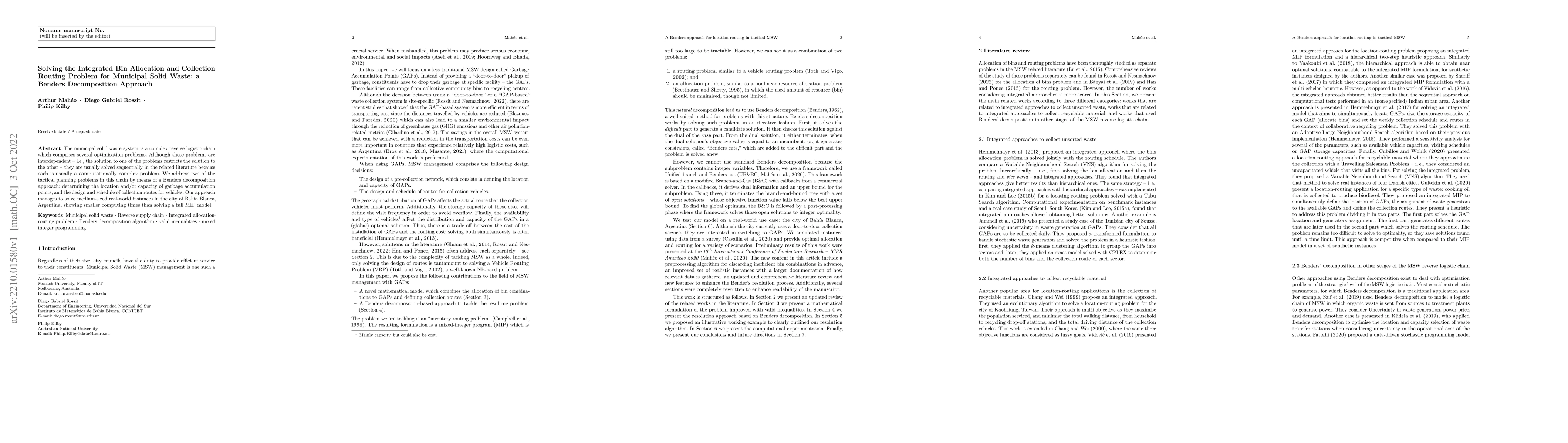 Thumbnail for Solving the Integrated Bin Allocation and Collection Routing Problem for
  Municipal Solid Waste: a Benders Decomposition Approach