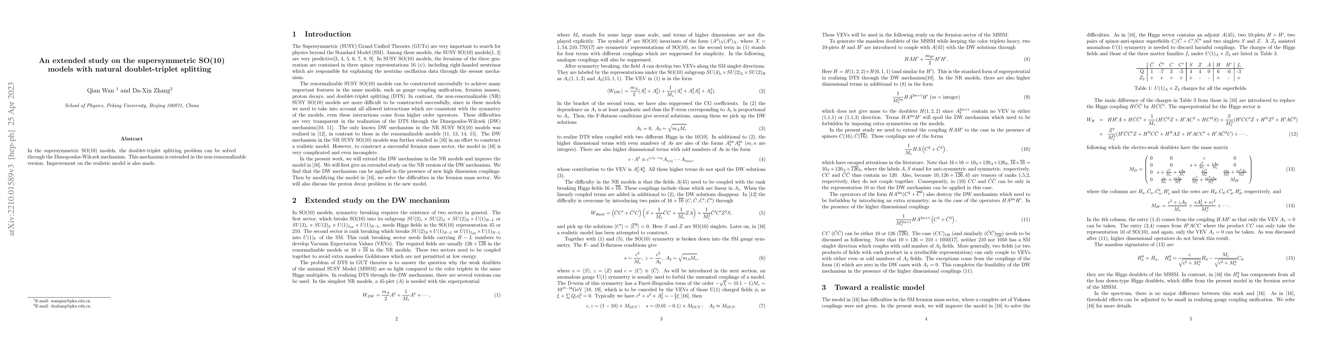 Thumbnail for An extended study on the supersymmetric SO(10) models with natural
  doublet-triplet splitting