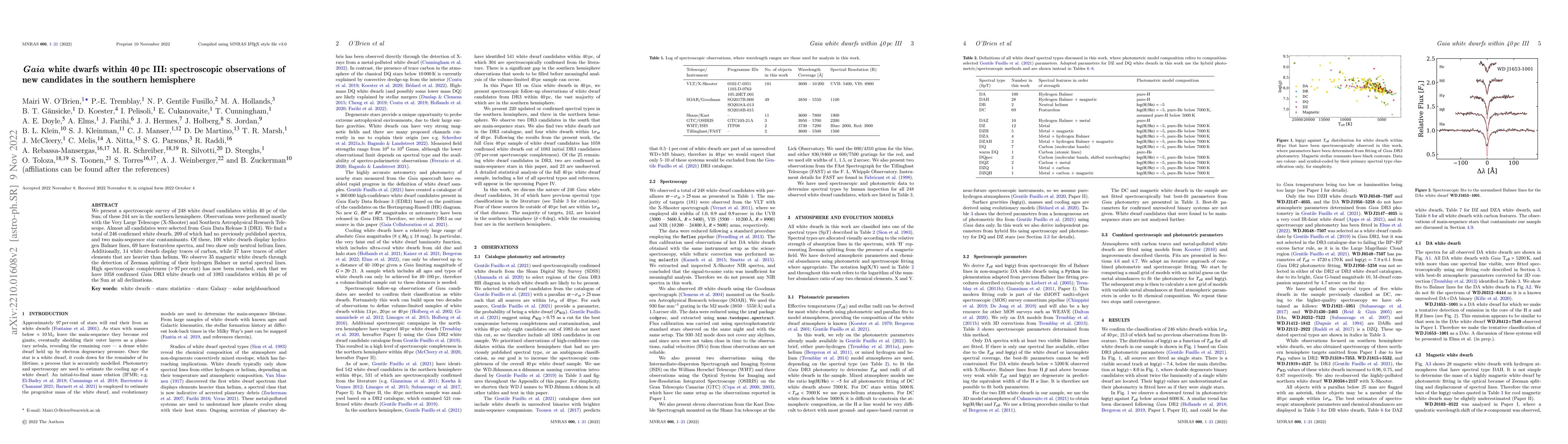 Thumbnail for $\textit{Gaia}$ white dwarfs within 40 pc III: spectroscopic
  observations of new candidates in the southern hemisphere