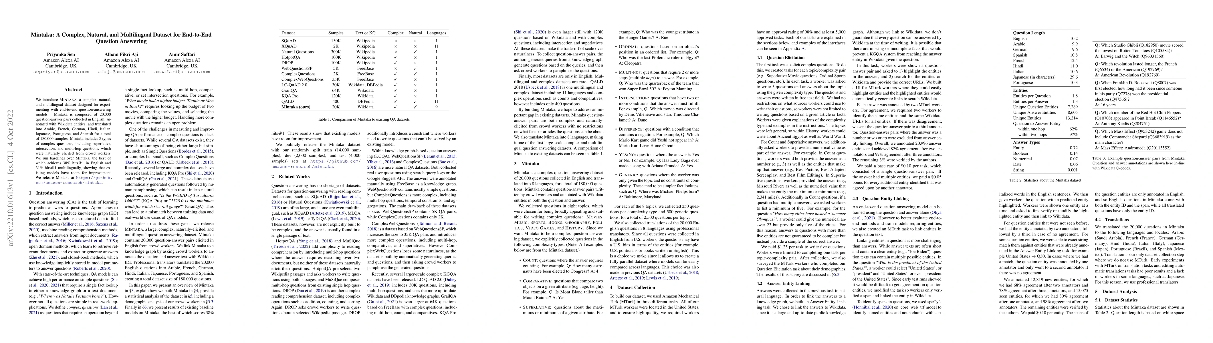 Thumbnail for Mintaka: A Complex, Natural, and Multilingual Dataset for End-to-End
  Question Answering
