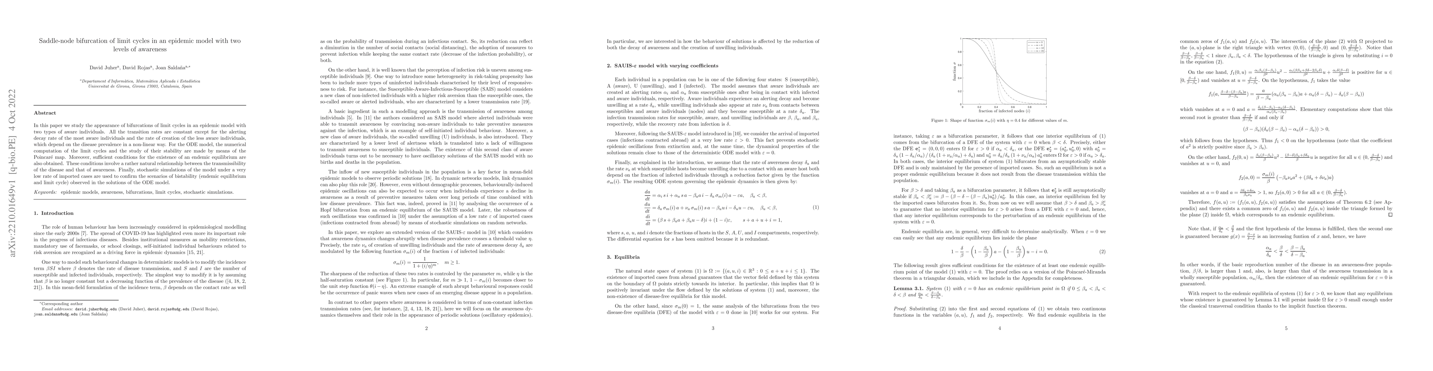 Thumbnail for Saddle-node bifurcation of limit cycles in an epidemic model with two
  levels of awareness