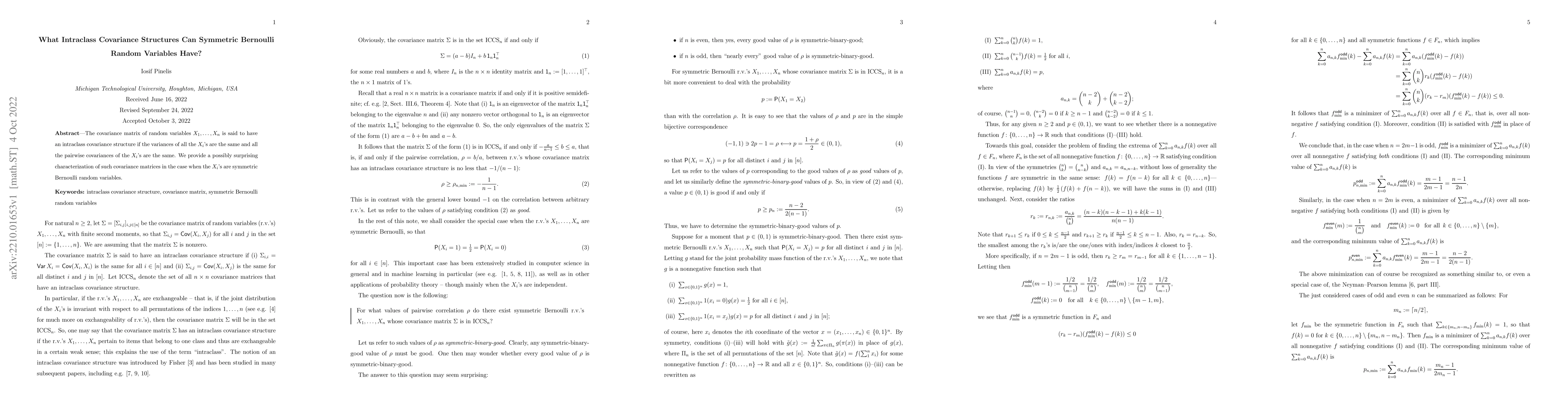 Thumbnail for What Intraclass Covariance Structures Can Symmetric Bernoulli Random
  Variables Have?