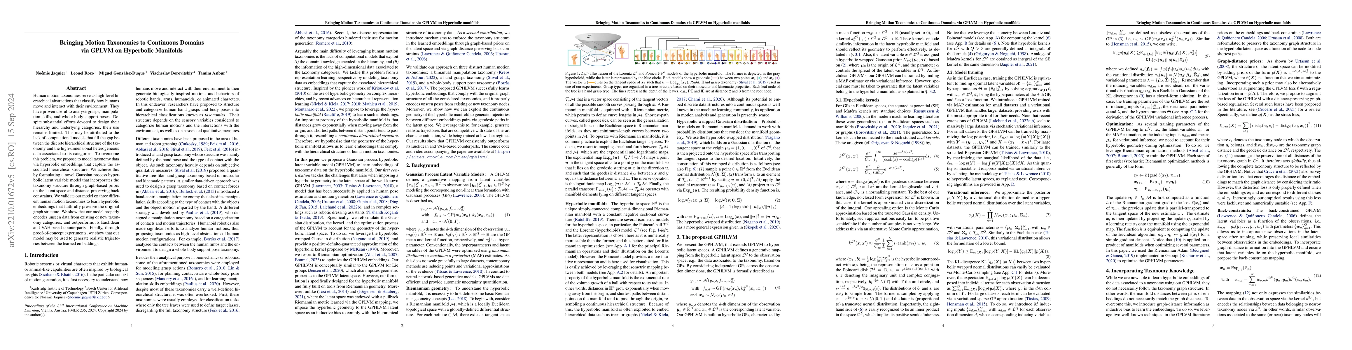 Thumbnail for Bringing motion taxonomies to continuous domains via GPLVM on hyperbolic
  manifolds