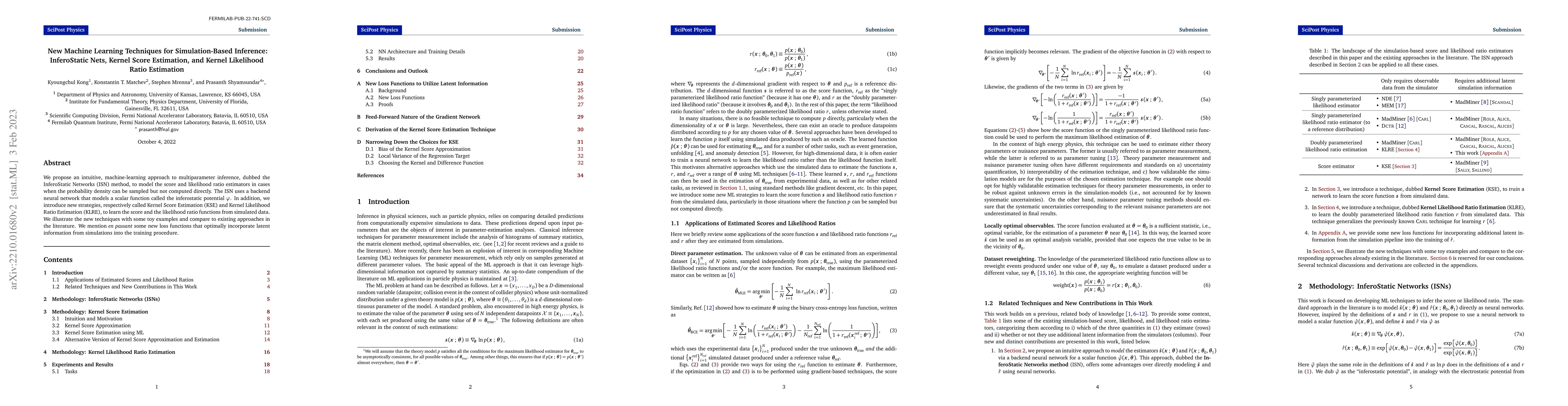 Thumbnail for New Machine Learning Techniques for Simulation-Based Inference:
  InferoStatic Nets, Kernel Score Estimation, and Kernel Likelihood Ratio
  Estimation
