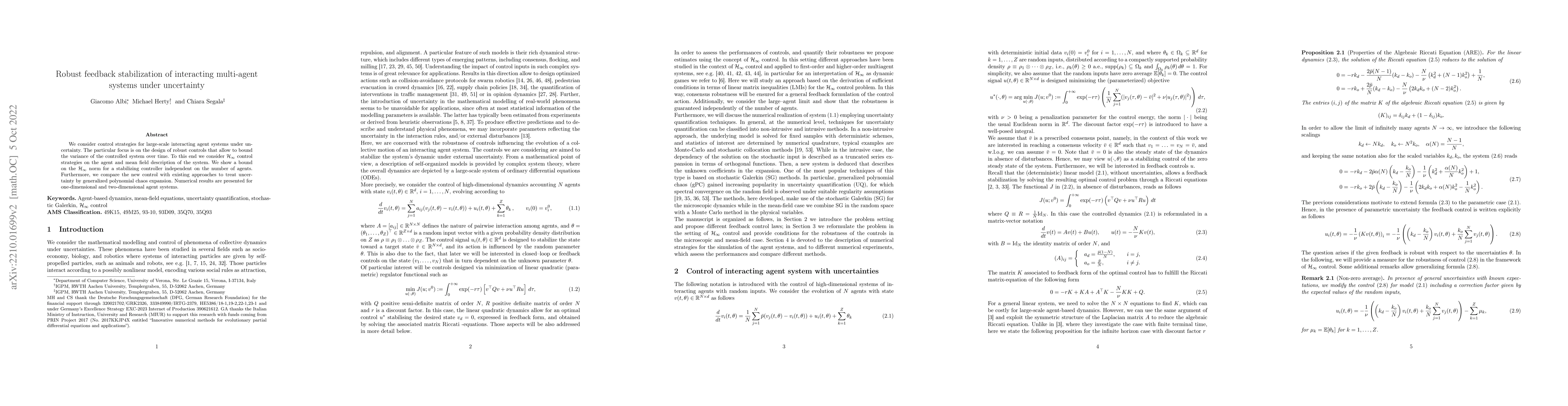 Thumbnail for Robust feedback stabilization of interacting multi-agent systems under
  uncertainty