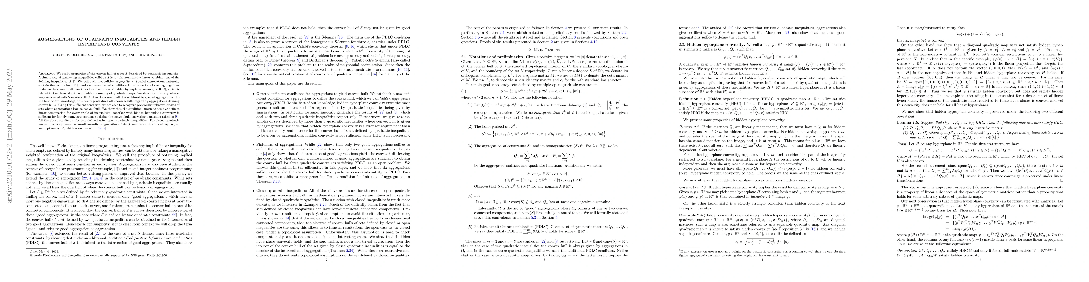 Thumbnail for Aggregations of quadratic inequalities and hidden hyperplane convexity