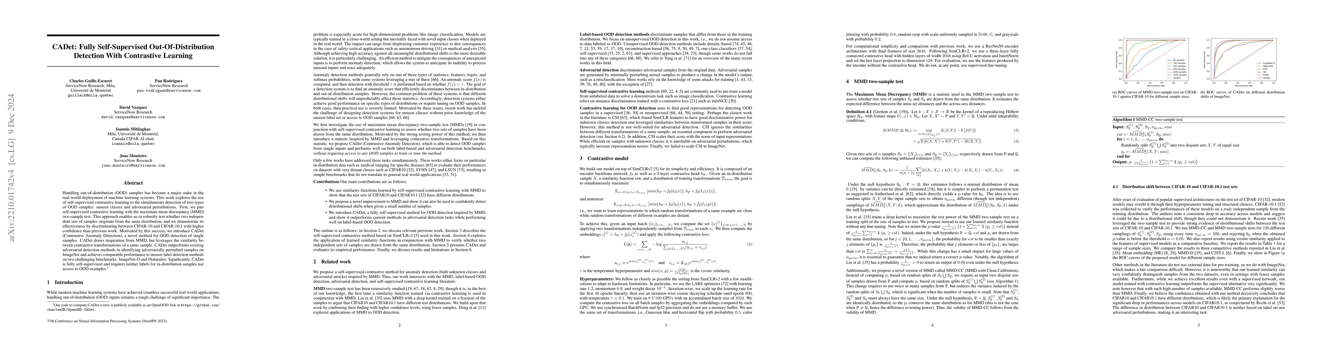 Thumbnail for CADet: Fully Self-Supervised Out-Of-Distribution Detection With
  Contrastive Learning