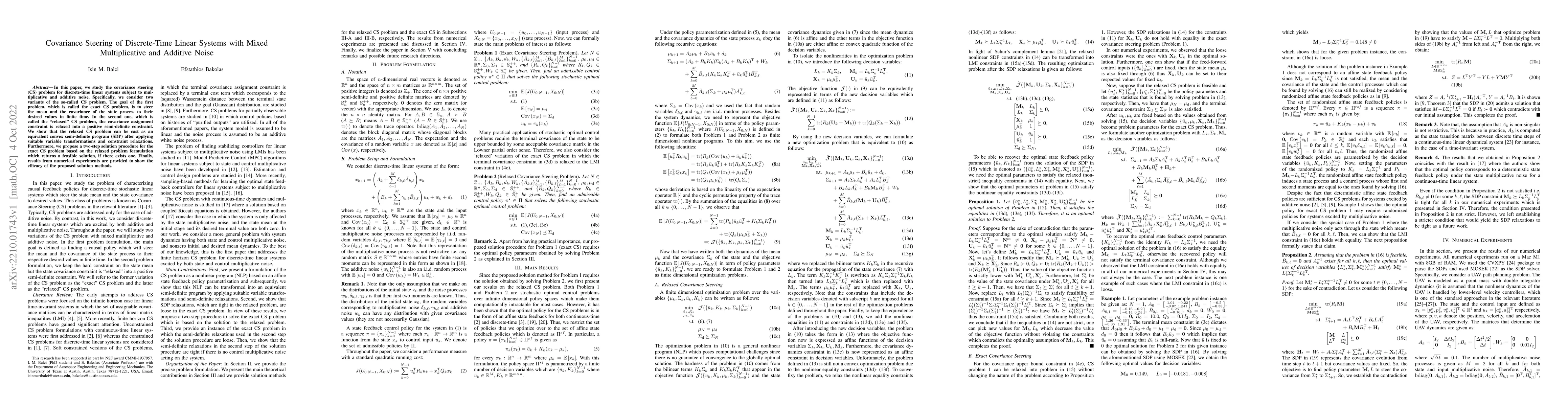 Thumbnail for Covariance Steering of Discrete-Time Linear Systems with Mixed
  Multiplicative and Additive Noise