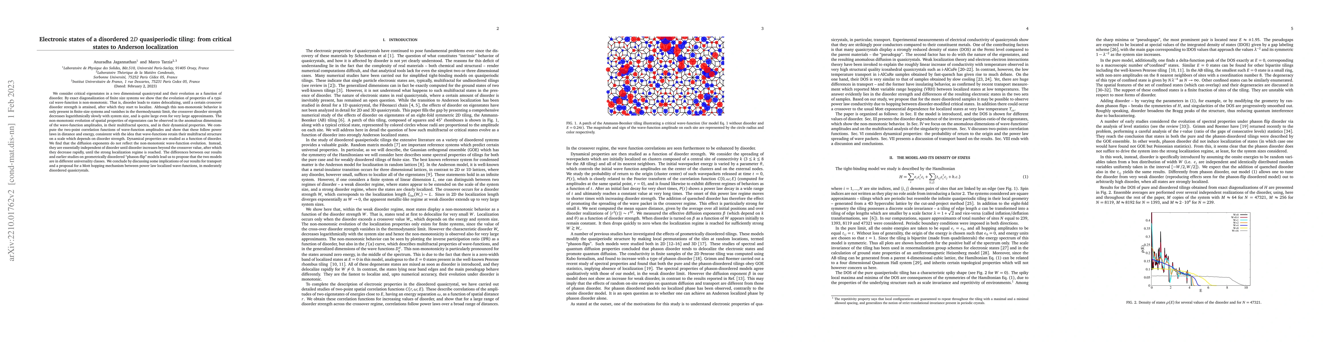 Thumbnail for Electronic states of a disordered 2D quasiperiodic tiling: from critical
  states to Anderson localization